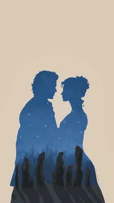 two people standing next to each other in front of a sky with stars and clouds