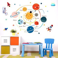 the solar system wall decal is shown in this children's room with colorful furniture