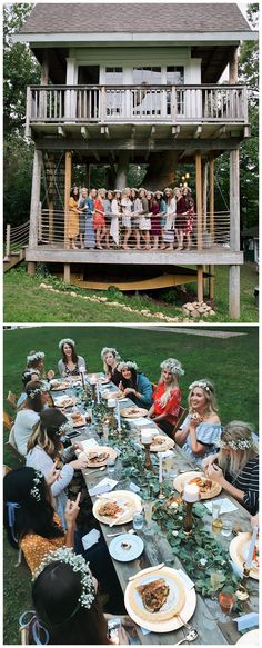 Two images from a clamping bachelorette party at Camp Wandawega in Wisconsin. The first image shows a large treehouse with a main level deck. The bridal party is smiling together on the deck for a photo, wearing white flower crowns made of babies breath, and sundresses. The second image shows women having dinner together outside on a long wooden table. Greenery and white roses run down the center of the table, with brass candle holders places throughout. Gold plate chargers and silverware too. Mountain Dinner Party, Star Bachelorette Party, Wisconsin Bachelorette Party Ideas, Log Cabin Bachelorette Party, Bachelorette Craft Night, Airbnb Bachelorette Party, Granola Bachelorette Party, Bachelorette Party Cabin Weekend, Seattle Bachelorette Party