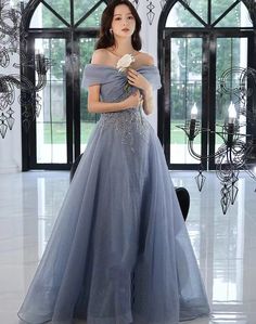 Off The Shoulder Blue Prom Dress, Debut Dresses Simple, Asian Formal Dress, Off-shoulder Tulle Ball Gown For Banquet, Off Shoulder Dress For Banquet Prom Season, Off-shoulder Evening Dress For Homecoming And Prom, Strapless Off Shoulder Dress For Prom Season Banquet, Off-shoulder Tulle Ball Gown For Formal Occasions, Off-shoulder Ball Gown For Party