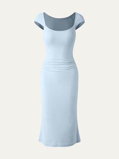 Fitted Sheath Maxi Dress, Elegant Stretch Maxi Dress In Solid Color, Elegant Short Sleeve Ruched Bodycon Dress, Elegant Ruched Bodycon Dress With Short Sleeves, Elegant Maxi Bodycon Dress With Flattering Silhouette, Fitted Feminine Maxi Dress For Workwear, Elegant Solid Color Ruched Midi Dress, Elegant Sheath Maxi Dress, Elegant Solid Color Sheath Maxi Dress