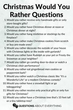 a christmas wish list is shown with the words'christmas would you rather have questions? '