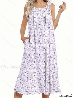 Olivia Mark - Ladies Loose-Fit and Comfortable Home Wear - Long Nightgown and Dress Set Long Nightgown, Comfortable Home, Home Wear, Crewneck Dress, Dress Set, Olivia Mark, Types Of Collars, Purple Flowers, Night Gown