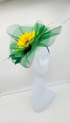 Large Green and yellow wedding fascinator. Beautiful headpiece for bridesmaids and a great accessory for a cocktail party or church outfit. Comes with a pin or headband for an elegant but secure look. - Black Headband - Ready to ship - Lightweight - Free Shipping - Fast shipping - Customize by adding different color flowers and or feathers Check my store for styles and colors. Hatsandpearls.etsy.com Find more at my website: Www.hatsandpearls.com Reach out to me if you can't find what you are loo Green Fascinator With Handmade Flowers For Party, Summer Church Fascinator With Headband, Green Wedding Headband For Royal Ascot, Green Handmade Flowers Wedding Fascinator, Green Headband For Royal Ascot Wedding, Green Headband For Wedding At Royal Ascot, Adjustable Yellow Wedding Headpiece, Adjustable Yellow Headpiece For Wedding, Adjustable Yellow Headpiece For Summer