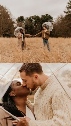 two people holding umbrellas in the middle of a field and one is kissing the other