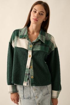 Wilderness Guide Flannel and Fleece Shacket - ShopPromesa Pine Green, Vintage Canvas, Sherpa Fleece, Cottage Chic, Plaid Flannel, Shirt Jacket, Drop Shoulder