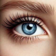 an eye with long lashes and blue eyes