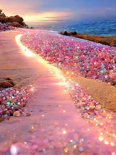 the path to the beach is lined with pink and blue rocks, which are lit up at night