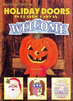 the front cover of a cross stitch pattern book with pumpkins and santa's hats