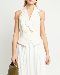 Mina Vest Elegant V-neck Evening Vest, Elegant Vest Top For Spring, Elegant Spring Vest Top, Fitted V-neck Lace Top With Lace Collar, Fitted Elegant Sleeveless Vest, Tailored Sleeveless Elegant Vest, Elegant Tailored Sleeveless Vest, Feminine Sleeveless Lace Bodice Top, Chic Fitted Sleeveless Vest