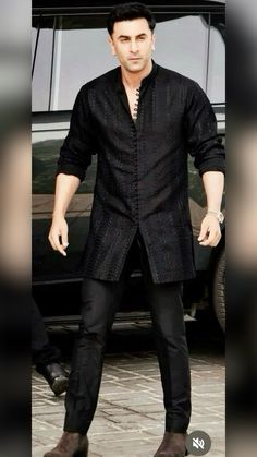 Black Kurta For Boys, Wedding Night Outfit Men, Ranbir Kapoor Kurta, Ranbir Kapoor Outfits, Trending Kurta For Men, Kurta Poses, Kurta Designs Men's, Classic Black Suit, Purple Tuxedo