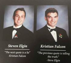 two men in tuxedos with the same name on their suits and bow ties