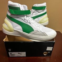 Puma Mens White Green Sky Modern 194042-02 High Top Basketball Shoes Size Us 12 Brand: Puma Department: Men Size: 12 Color: White Green Type: Athletic Style: Sneaker Style Code: 194042-02 Pattern: Solid Theme: Sports Shoe Shaft Style: High Top Closure: Lace Up Features: Comfort, Adjustable Occasion: Activewear Seasons: All Season Condition: New With Box I Offer Discounts For All Return Customers. - Jvs White High-top Basketball Shoes With Puma Logo, White High-top Puma Basketball Shoes, White Lace-up Puma Basketball Shoes, White High-top Sneakers With Puma Logo For Sneakerhead Events, White Low-top Basketball Shoes With Puma Logo, White Low-top Puma Basketball Shoes, White Puma Basketball Shoes For Streetwear, White Puma High-top Sneakers, White Lace-up Puma Sneakers