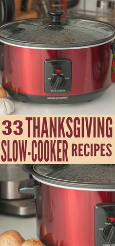 three red crock pots with the words 3 thanksgiving slow cooker recipes on them