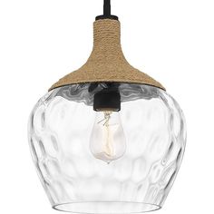 a clear glass pendant light with a brown rope hanging from it