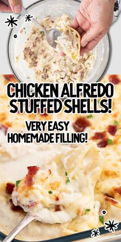 Chicken Alfredo Stuffed Shells Big Shell Pasta Recipes Chicken, Stuffed Shells Alfredo Chicken, Stuffed Chicken Alfredo Shells, Chicken Alfredo Stuffed Shells Easy, Spaceshipsandlaserbeams Recipes, Crockpot Alfredo, Alfredo Shells, Chicken Alfredo Stuffed Shells, Alfredo Stuffed Shells