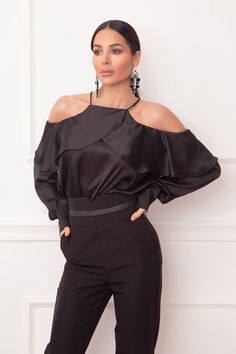 "Elevate your style with this elegant black long sleeve blouse, featuring open shoulders for a touch of sophistication and allure. This blouse is the perfect addition to your wardrobe for a classy and stylish look. Key Features: 🌟 Open Shoulders: The open shoulder design adds a modern and trendy touch to this classic black blouse, making it perfect for various occasions. 👚 Chic and Versatile: This blouse strikes the ideal balance between chic and versatile, ensuring you'll feel confident and s Elegant Long Sleeve Top For Evening, Formal Off-shoulder Tops For Fall, Long Sleeve Blouse With Blouson Sleeves For Evening, Elegant Long Sleeve Off-shoulder Top For Evening, Elegant Off-shoulder Top For Date Night In Spring, Evening Blouse With Blouson Long Sleeves, Elegant Long Sleeve Top For Fall Party, Elegant Long Sleeve Top For Summer Party, Chic Long Sleeve Top With Blouson Sleeves