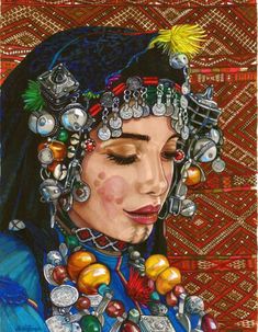 a painting of a woman with jewelry on her head