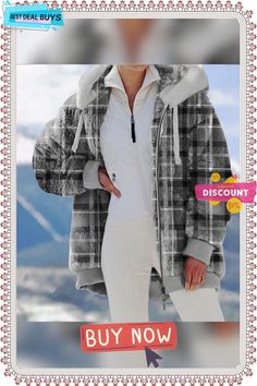 Conventional Loose Plush Printing Dyeing Zipper Hooded Women's Coat Plaid Hooded Jacket For Winter, Winter Plaid Hooded Hoodie, Women's Coat, Outerwear Women, Coats For Women, Zipper