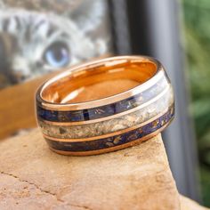 a couple of rings sitting on top of a rock next to a cat's eye