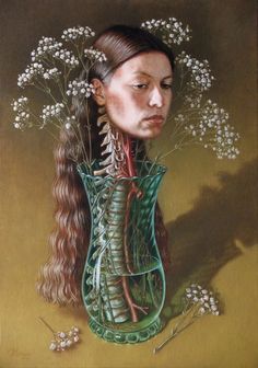 a painting of a woman with long hair and flowers in her head, looking at the viewer