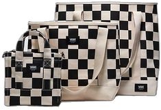 three pieces of black and white checkerboard purse, tote bag and wallet