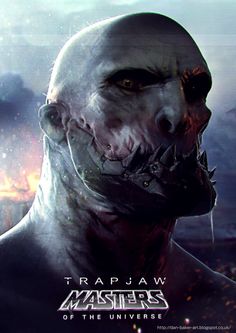 the poster for trap jaw masters of the universe, which features an alien man with large teeth