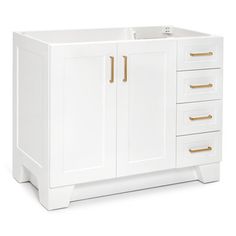 a white bathroom vanity with gold handles and drawers on the bottom, against a white background