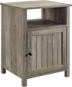 a wooden cabinet with an open door on the top and bottom shelf is shown in grey wood