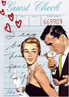 a man and woman standing next to each other in front of a check card with hearts on it