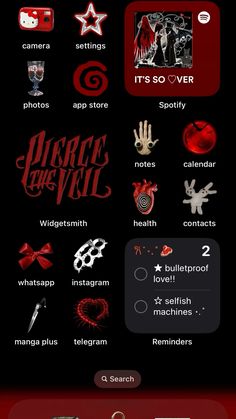 an iphone screen with various icons and symbols on the bottom right hand corner, in red