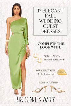 a woman in a green dress with high heels and jewelry on the cover of brooke's bridals