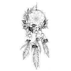 a black and white drawing of a dream catcher with flowers on it's side