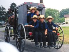 a group of children riding on the back of a horse drawn carriage