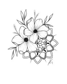 a black and white drawing of flowers with leaves on the bottom half of their petals