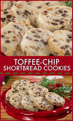 chocolate chip shortbread cookies on a red plate