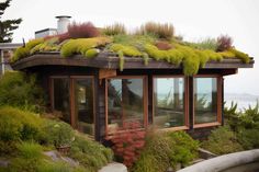 a house with plants growing on the roof