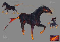 the horse is running around with flames in it's mouth and legs, as well as two other horses