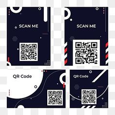 four different qr code cards with red and white lines on them, including one for the