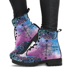 Title:   Purple Dragonfly Boots Handcrafted Womens Bohemian Boho Chic   Faux  Vegan Leather Shoes Personaized Combat Gifts  Classic Lace Up  AnkleDescription:Women's Boots designed to express your personality!With a stunning Dragonfly Design, these custom made boots are ready for the camera. They are custom made and carefully crafted to express your uniqueness and make you stand from the crowd! Material that we use is faux leather, so they are entirely vegan-friendly, and the Purple Dragonfly Ha Bohemian Lace-up Winter Boots, Bohemian Boots With Flat Heel For Festival, Trendy Festival Boots With Round Toe, Trendy Round Toe Boots For Festivals, Casual Ankle-high Festival Boots, Casual Ankle-high Boots For Festivals, Hippie Shoes, Purple Dragonfly, Bohemian Boots