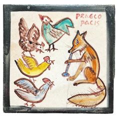 an artistic tile with animals and birds painted on it