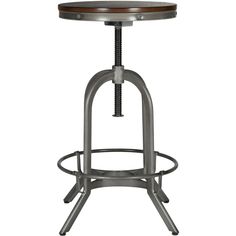 an adjustable stool with wooden seat and metal base