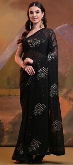 Black and Grey color Saree in Georgette fabric with Embroidered, Sequence, Thread work Formal Black Saree With Mirror Work, Formal Black Embroidered Saree, Black Embroidered Saree For Party, Black Embroidered Saree For Celebration, Elegant Black Saree With Motifs, Celebration Black Embroidered Saree, Elegant Black Saree For Celebration, Grey Color Saree, Saree In Black