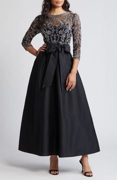 Pisarro Nights Beaded Illusion Neck Taffeta Cocktail Dress | Nordstrom Lace Tea Length Dress, High Low Cocktail Dress, Pisarro Nights, Black And Silver Dress, Mother Of The Bride Dresses Long, Elegant Cocktail Dress, Elegant Black Dress, Cocktail Outfit, Mother Of Groom Dresses