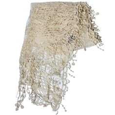 18" x 72" ivory lace scarf. Cream One-size Shawl Scarves, Cream Shawl Scarf One Size, Elegant Cream Lace Shawl, Bohemian Cream Lace Shawl, Bohemian Lace Shawl In Cream Color, Bohemian Lace Shawl In Cream, Bohemian Lace Shawl With Lace Work, Elegant One-size Lace Shawl, Elegant One Size Lace Shawl