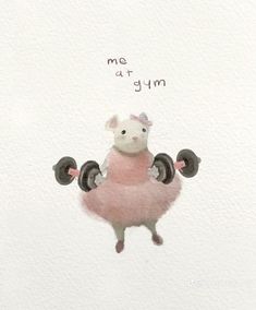 a pink sheep is holding two dumbs in front of the words me at gym