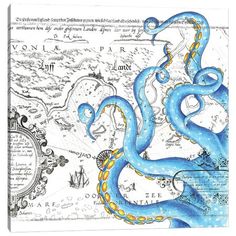 a blue octopus is on top of a map with an ornate border and the words