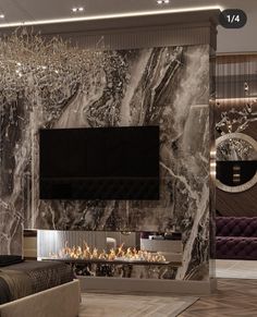 an elegant living room with marble walls and fireplace