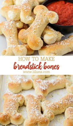 homemade breadstick bones on a baking sheet with dipping sauce in the middle and an image of