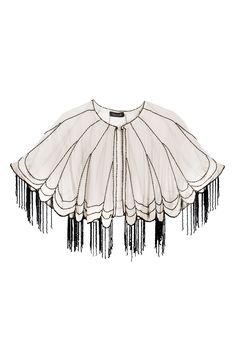 Fluttery fringe trims this glamorous capelet designed in a scalloped silhouette with beaded detailing. Jewel neck 100% viscose Hand wash, line dry Imported Chiffon Capelet, Capelet Pattern, Beaded Shawl, Festival Must Haves, Cape Designs, Prom Shopping, Fragrance Design, Swimwear Cover Ups, Jewel Neck